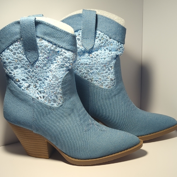 Forever Light Blue Denim Heeled Boots - Picture 2 of 3